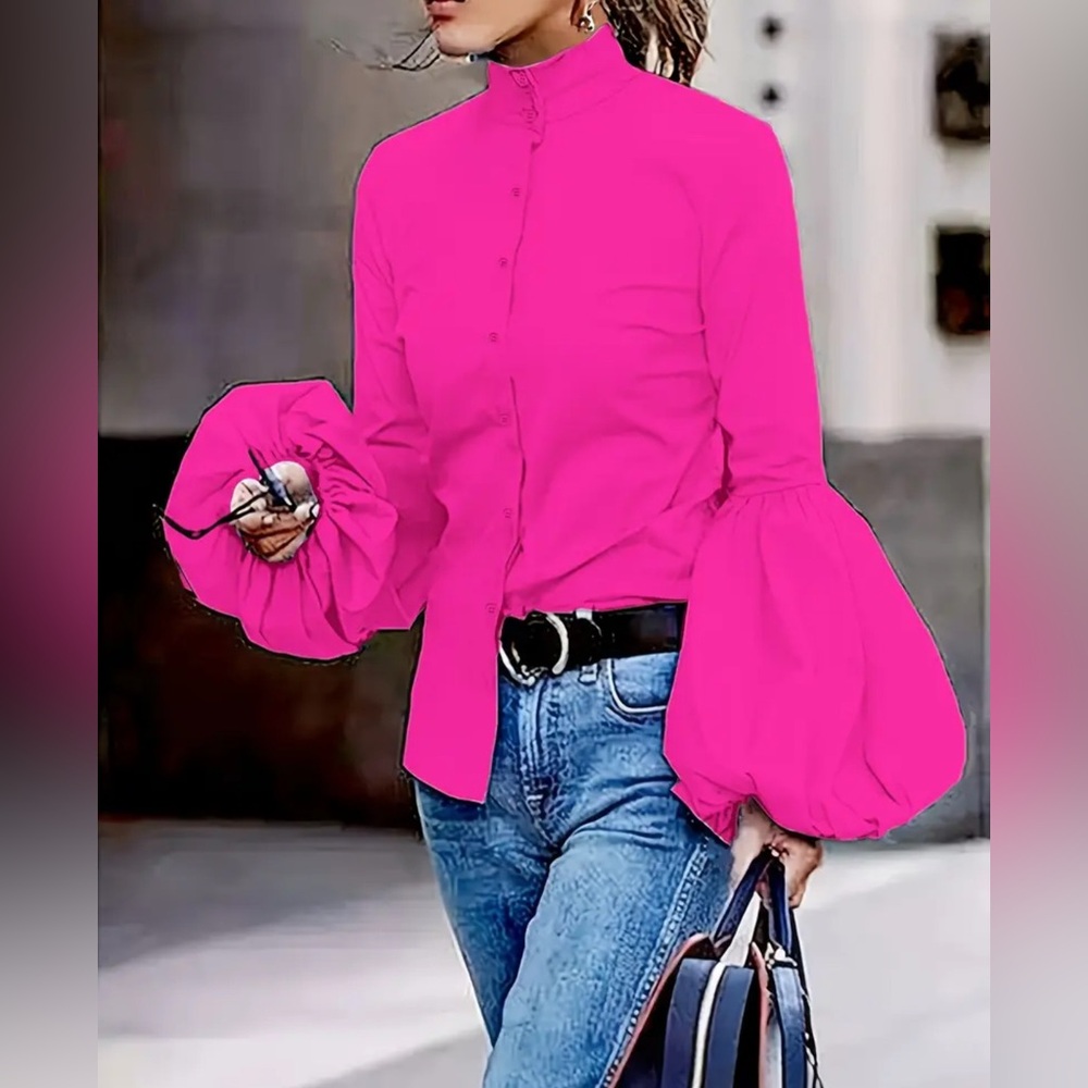 Elegant Pink Blouse with Statement Sleeves - Picture 1 of 4